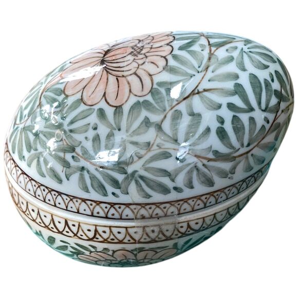 Vtg Egg-shaped handpainted made in Thailand ceramic floral fancy trinket box - Picture 2 of 12